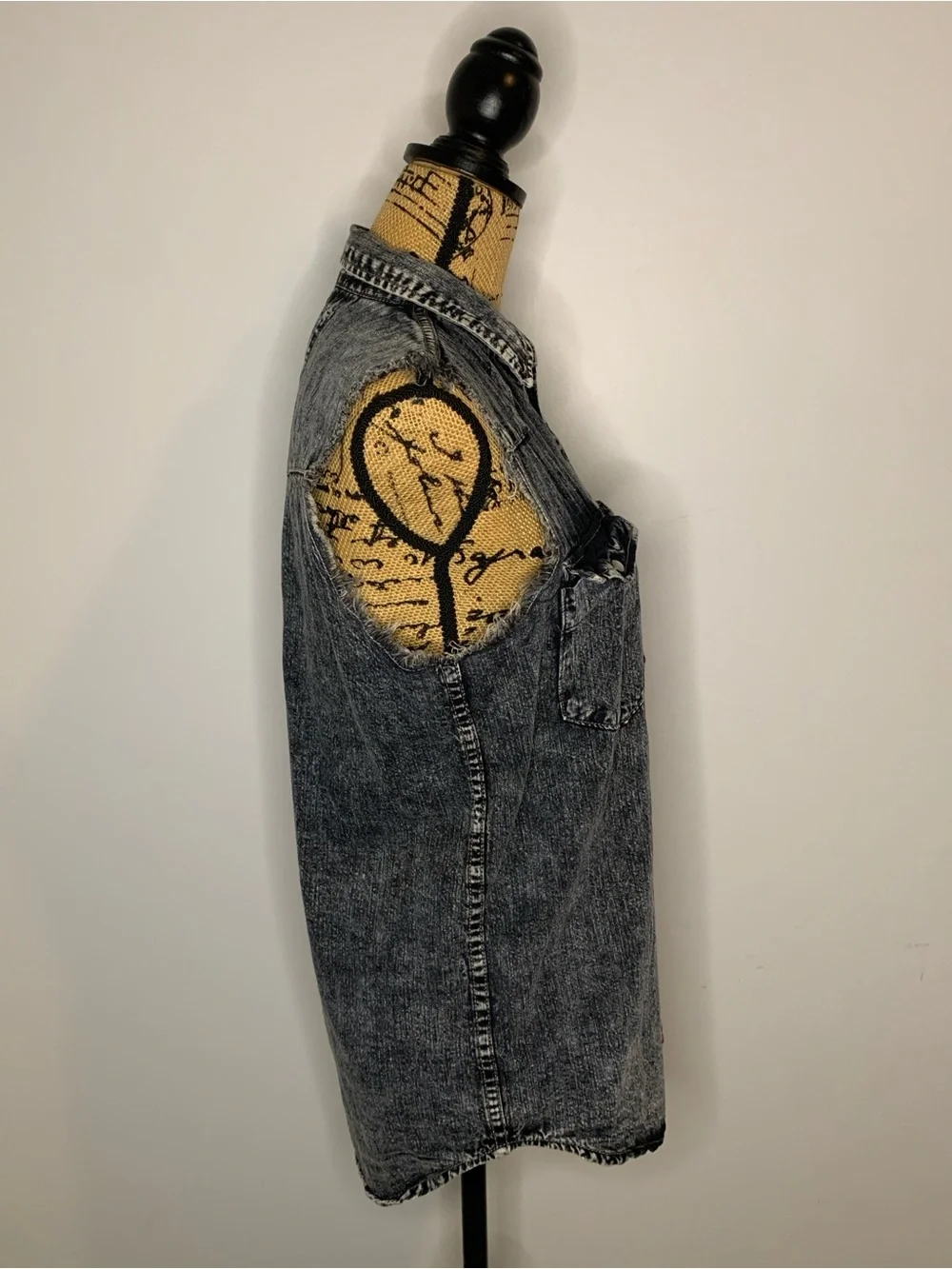 Carmar Black Acid Wash Distressed Denim Button-up Sleeveless Vest